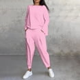 thumbnail image 2 of FRSASU Women's Two Piece Sets Solid Color Casual Loose Crewneck Long Sleeve Tops Wide Leg Pants Pink, 2 of 7
