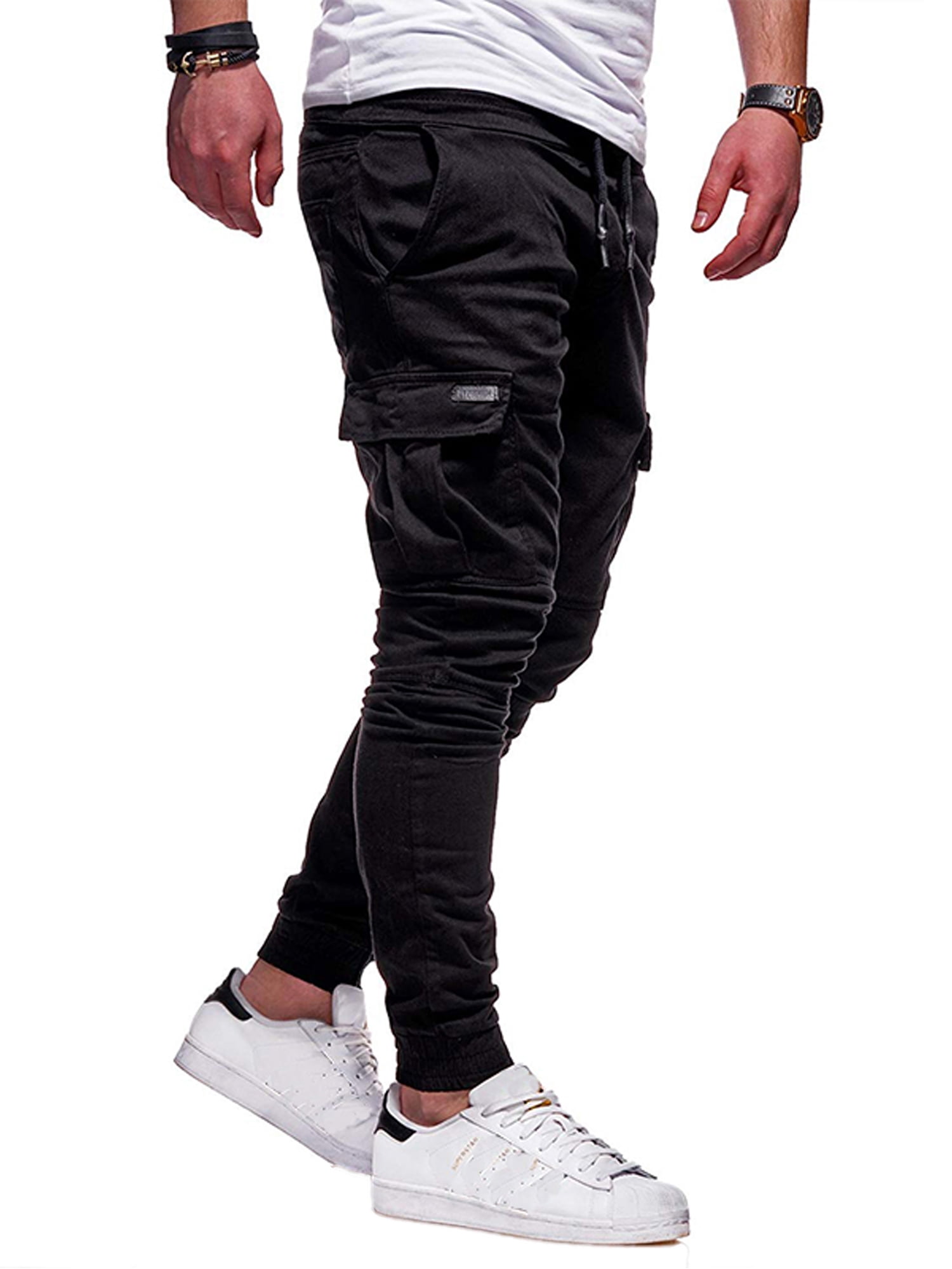 Men Elastic Waist Ankle-Tied Cargo Pants - Walmart.com