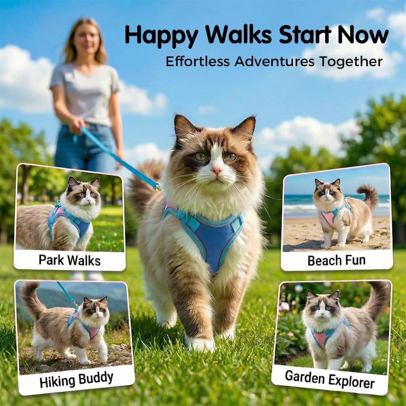 Cat Harness and Leash, Escape Proof Adjustable Step-in Cat Vest Harness, Soft Suede Reflective Pet Harness for Walking, for Kittens, Small Medium Cats, Rabbits & Small Dogs
