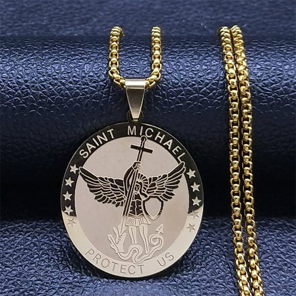 304 Stainless Steel Archangel Saint Michael Medal Pendant Box Chain Necklaces for Women Golden 23.58 inch(59.9cm)