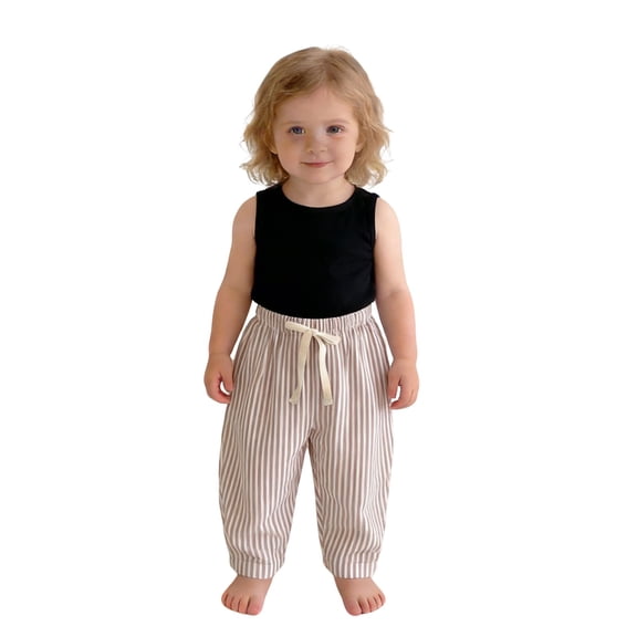 oqasdz Kids Baby Girls and Boys Solid Color Striped Elastic Waist Pants School and Playwear Versatile Casual Dailywear