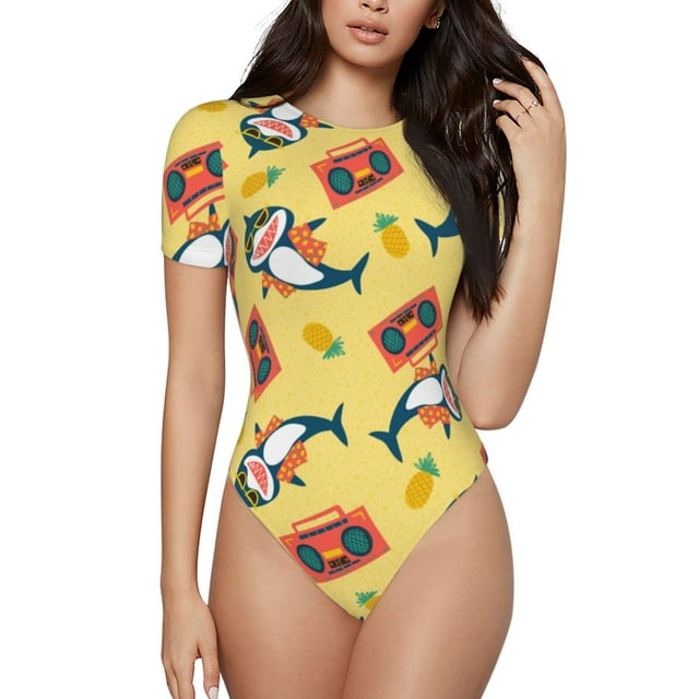 Balery Pineapples Sharks In Hawaiian Body de cuello redondo de manga corta para mujer Tops de manga corta Tops básicos-Medium