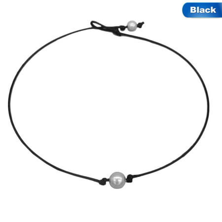 Fancyleo Free Shipping Chic Single Cultured Pearl Necklace Imitation Pearls Choker Necklace Black Leather Cord Jewelry Wholesale