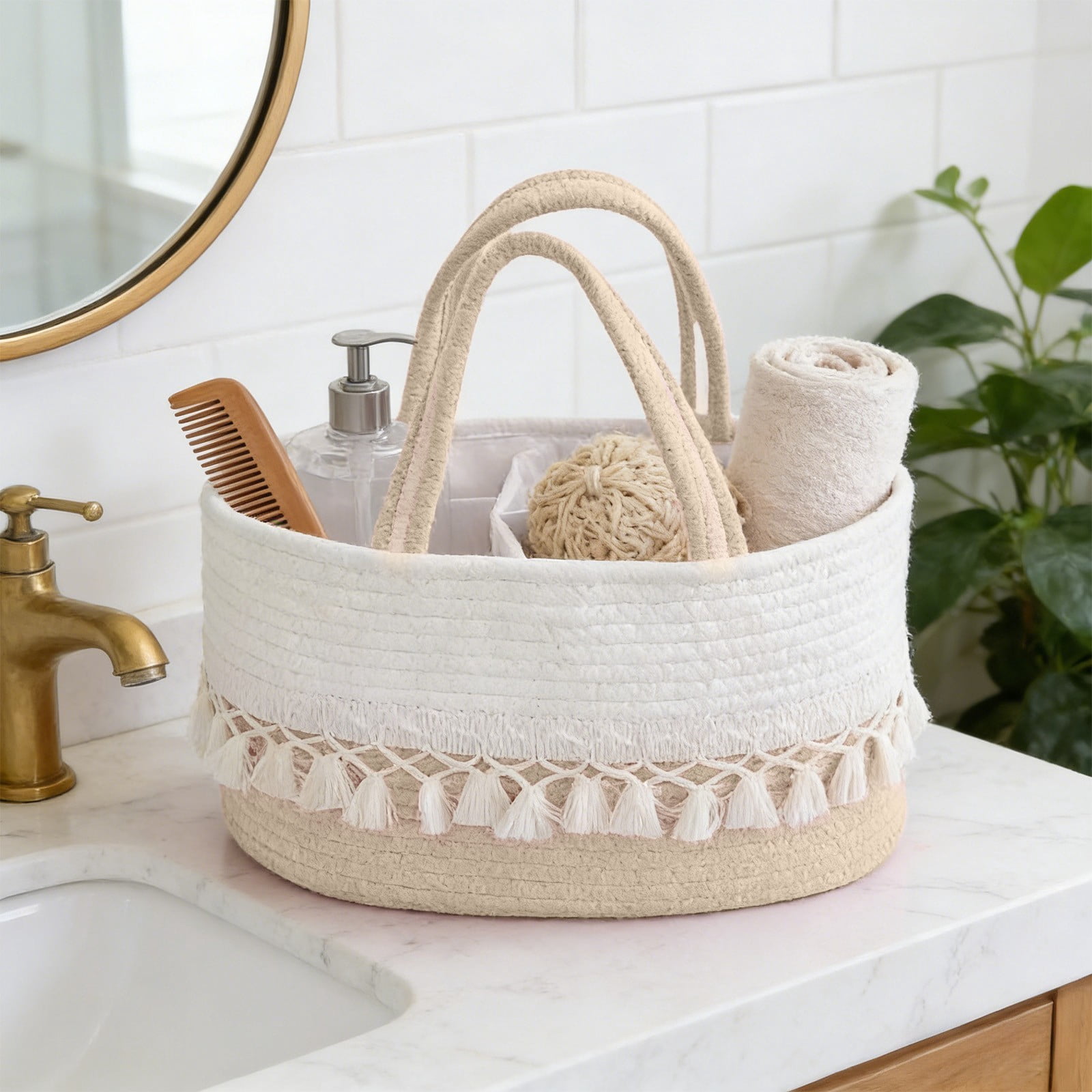 Hand Woven Cotton Rope Storage Basket with Handle Divided Basket Organizer with Tassels for Ba-by Toys Nursery Living Room Shelf Boho Decor Khaki