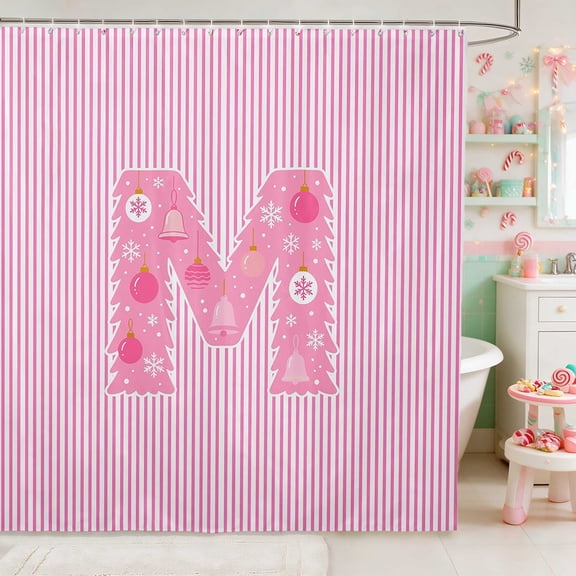 Manfei Initial Waterproof Shower Curtain 72Wx72L Christmas Bathroom Curtain, Pink N