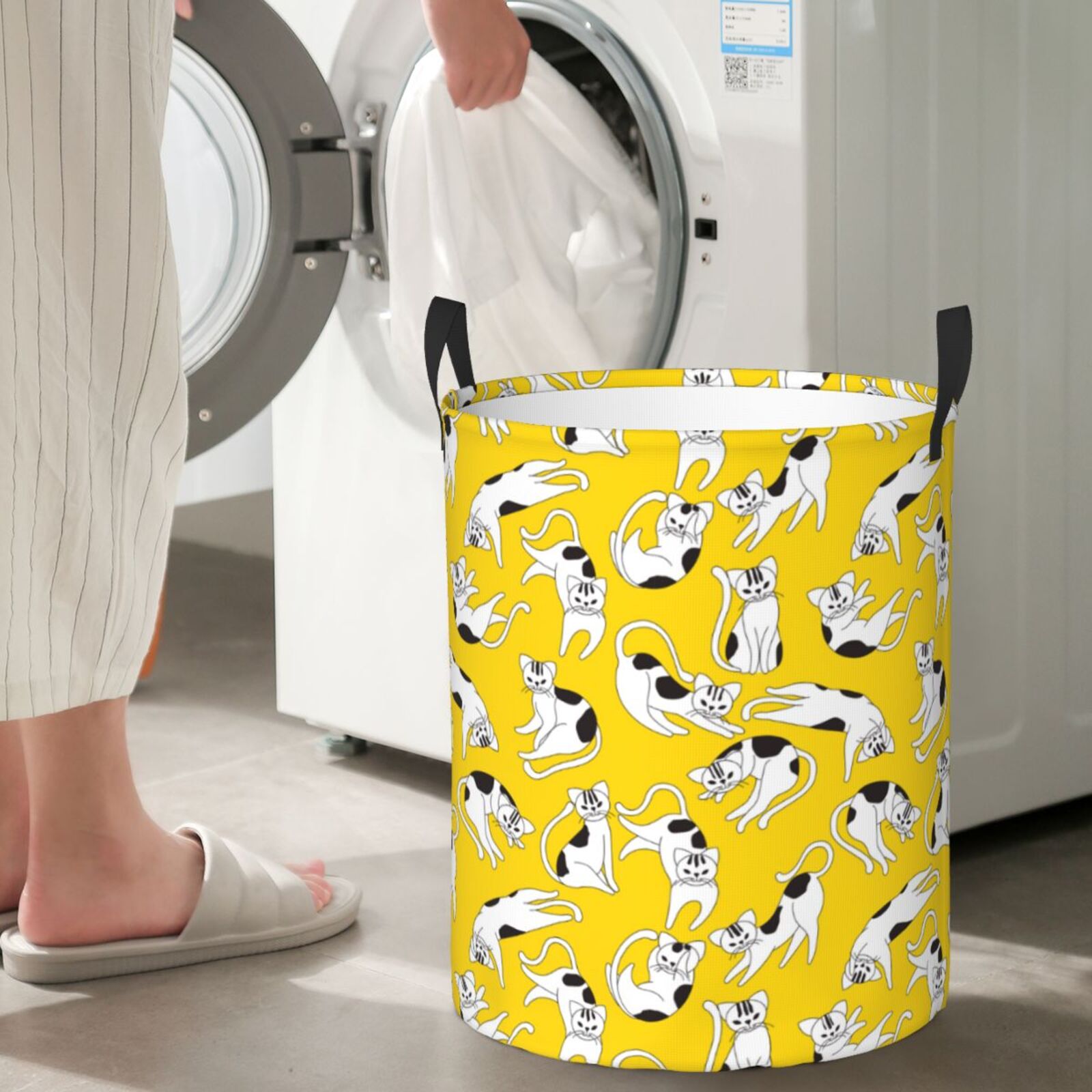 Large Laundry Basket with Handles - Artistic Cute Cartoon Cat Yellow Kids Baby Dirty Clothes Laundry Hamper for Bedroom Aesthetic
