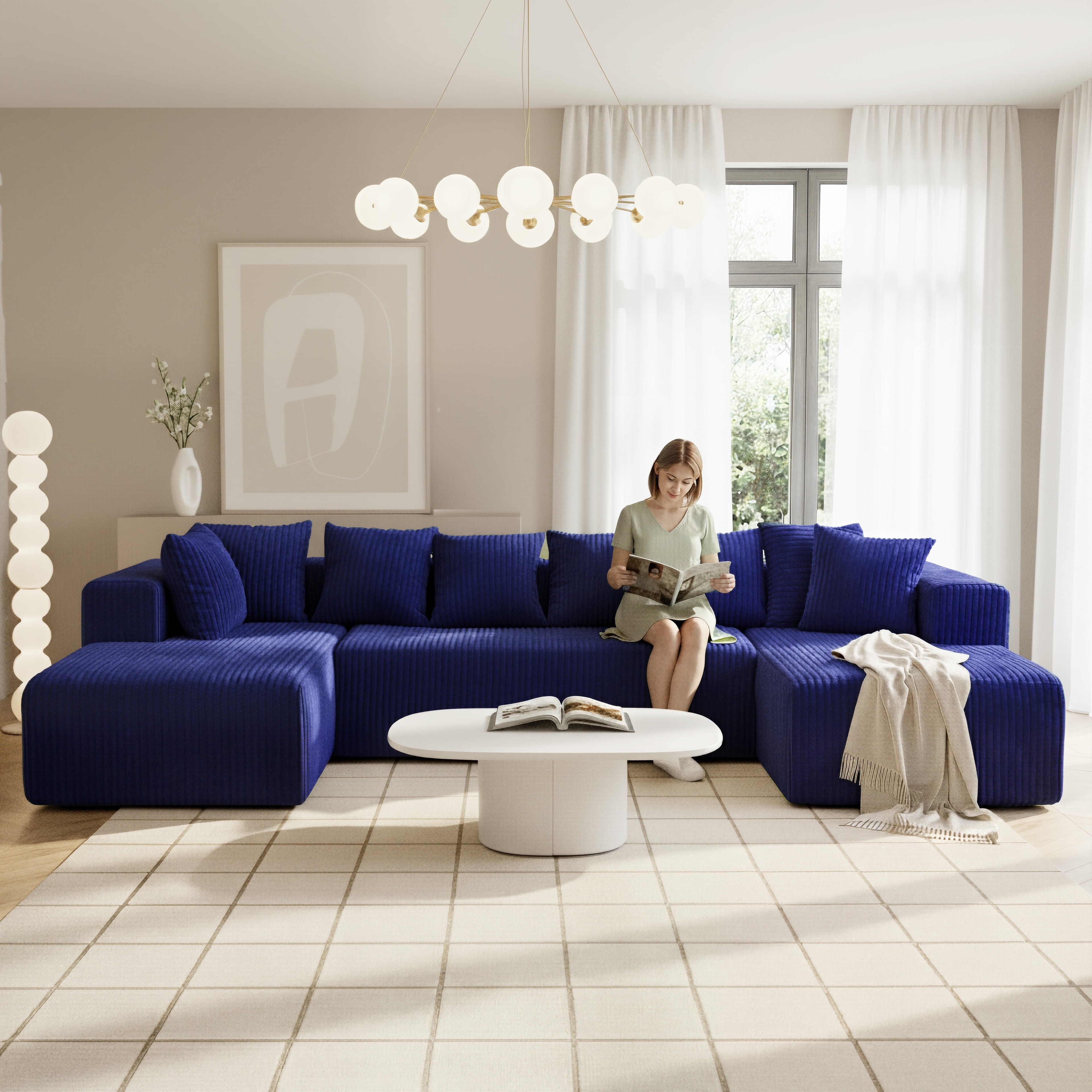 SEENYOO 130" U-Shaped Modular Sectional Sofa Couch 4-Seater Boneless Corduroy Sofa No Assembly Compressed for Living Room Blue