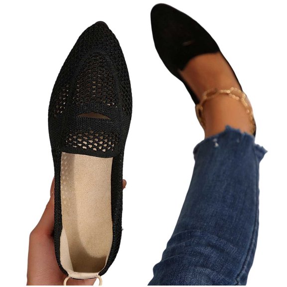 Women's Pointed Toe Penny Loafers Dressy Ballet Flats Knit Mesh Slip-on Shoes Comfortable Lightweight Black 8.5