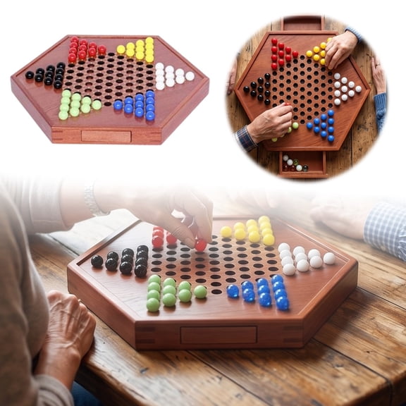 QIUXUJ - Large 12.6 inches Wooden Chinese Checkers Set with Storage Drawer - 60 Marbles in 6 Colors - Classic Strategy Family Board Game for Adults