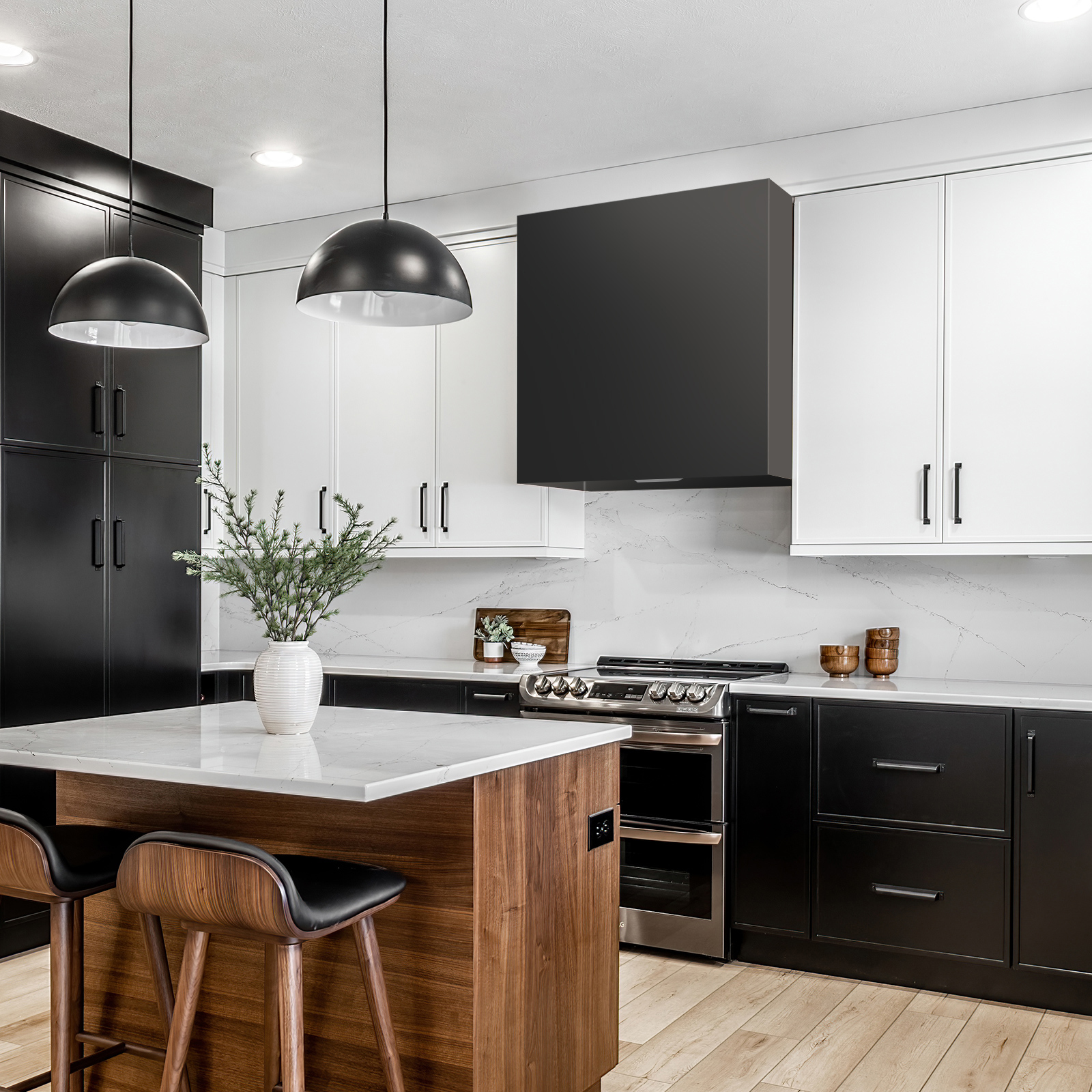 Akicon Stainless Steel Range Hood, Modern Box Ducted Kitchen Hood with Powerful Vent Motor, Wall Mount, 36"W*30"H*14"D, Jet Black