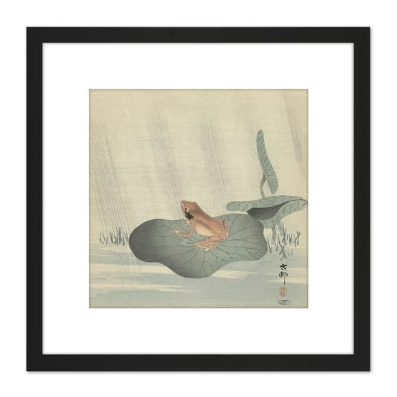 Ohara Koson Frog Lotus Leaf Pond Japanese Painting 8X8 Inch Square Wooden Framed Wall Art Print Picture with Mount