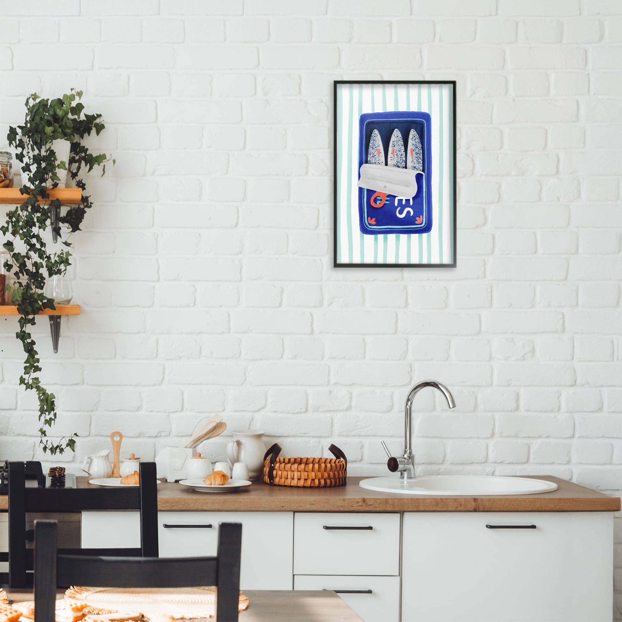 Stupell Industries Blue Sardines on Stripes Black Framed Giclee Art, design by Metka Hiti