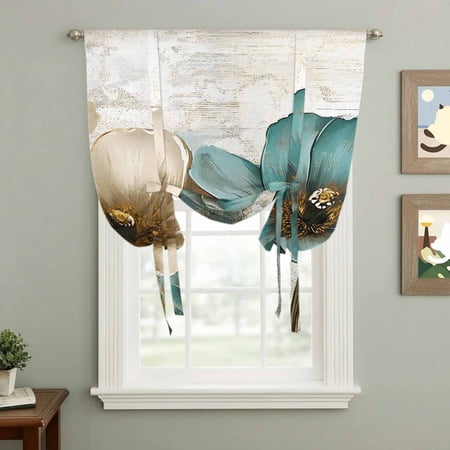 Retro Beige Teal Flowers Tie Up Curtain 45 Inches Long Vintage Background Balloon Style Kitchen Window Curtain Over Sink Small Window Rod Pocket Curtain 52 x45