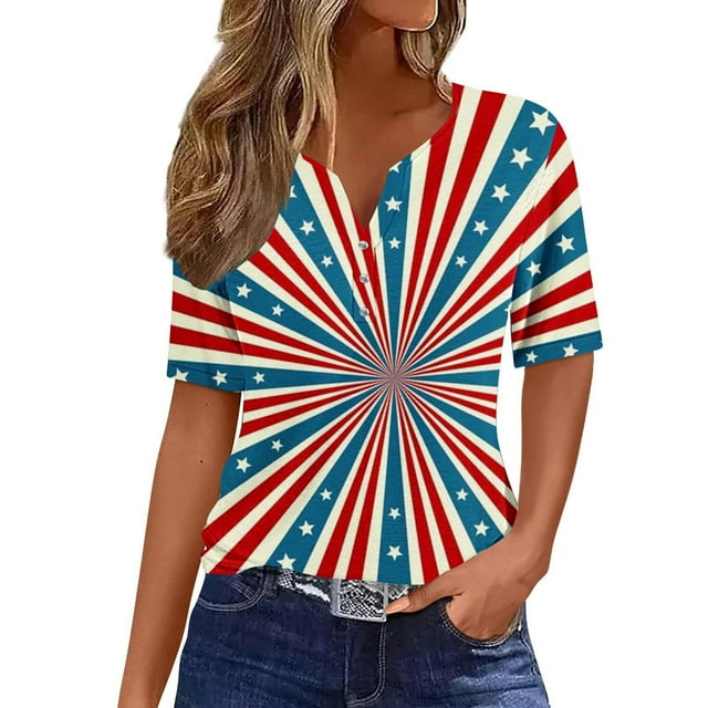 KIHOUT Women's Independence Day Printed T-Shirt Button Up Short Sleeved V-Neck Tops Red M