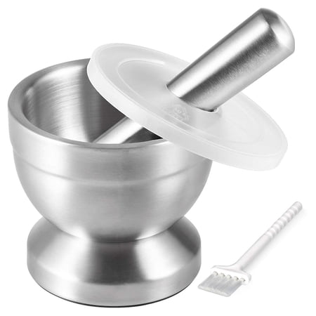 PLERISE generic Stainless Steel Mortar and Pestle, 18/8, with Brush, for Spices and Herbs