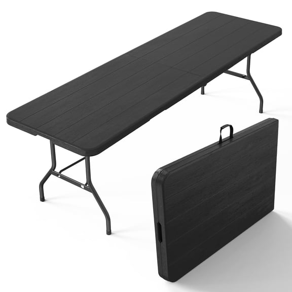8 Foot Plastic Folding Table Portable Long Table For Indoor Outdoor Use Rectangular With Carrying Handle Black Frame Heavy Duty Utility Desk
