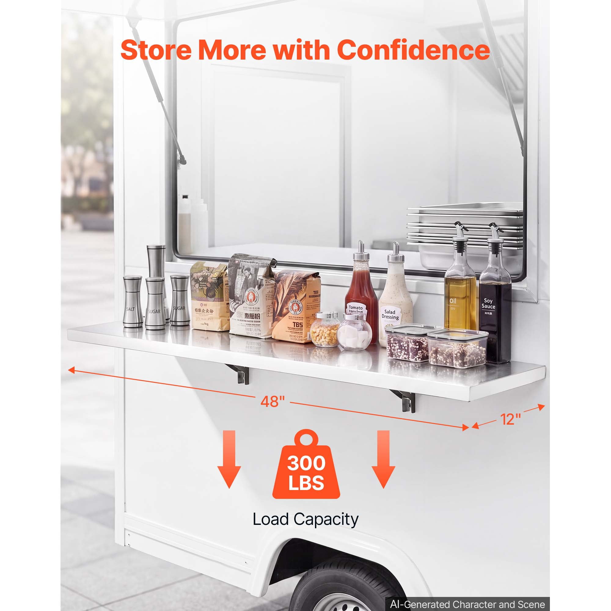 KFFKFF Stainless Steel Wall Shelf 12" x 48" Foldable Design, Durable Floating Shelf with Brackets, 300 lbs Load Capacity, Easy Maintenance, Ideal for Kitchens, Restaurants, and Garages
