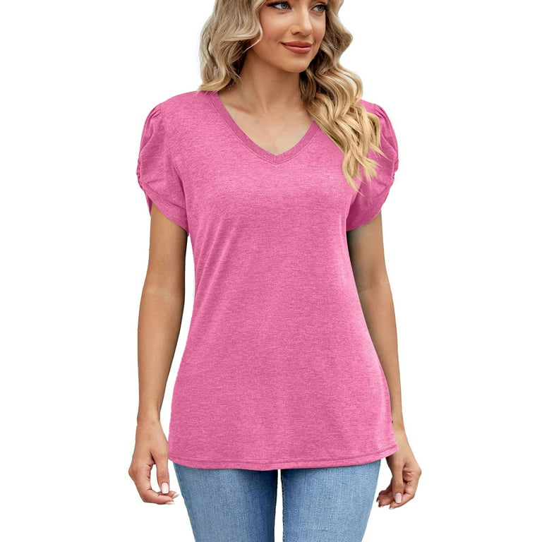 Vedolay Shein Tops For Women Women's Short Sleeve Round Neck T Shirt Front  Twist Tunic Tops Casual Loose Fitted,Hot Pink XXL 