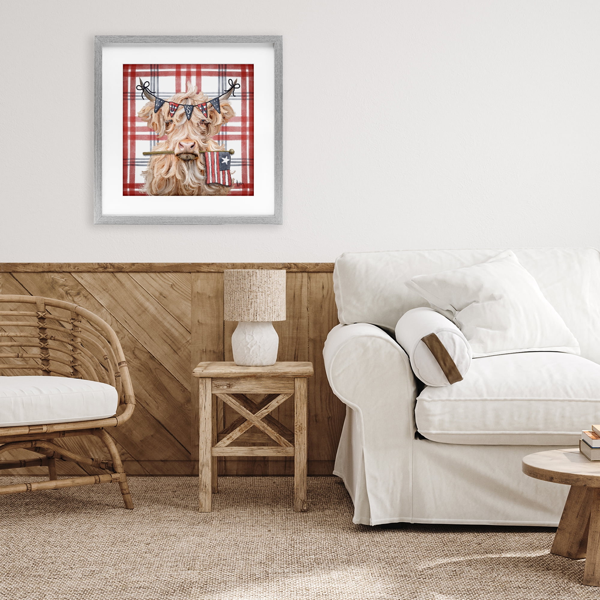 USA Plaid Highland Cattle Gray Framed Print Under Glass, design by Ashley Bradley