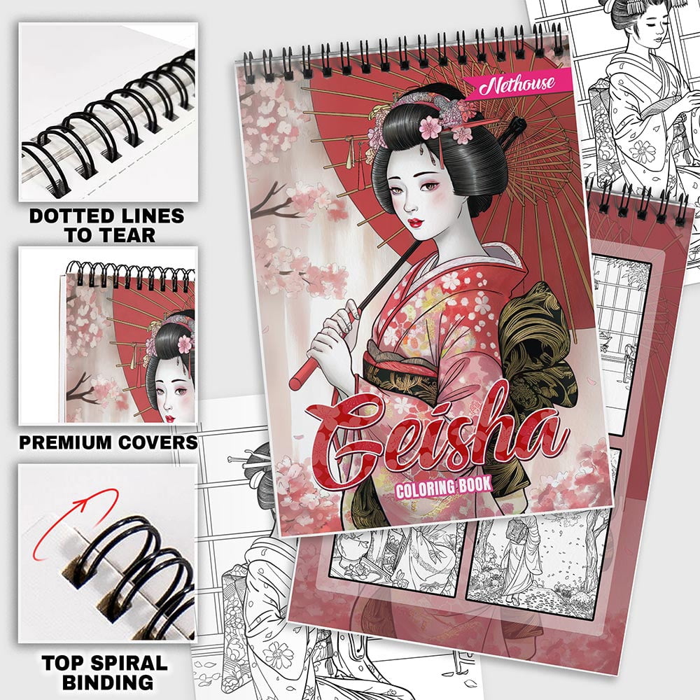 NETHOUSE Geisha Coloring Book For Adults Relaxation & Stress Relief, 30 Coloring Pages Featuring Elegant Geisha Portraits, Traditional Kimonos, Japanese Gardens, and Graceful Cultural Scenes