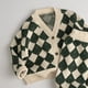 thumbnail image 1 of Suéteres de punto para niños, conjuntos de cárdigan con cuello en V y estampado a cuadros, abrigo y pantalones, ropa de primavera para niños y niñas, 2 uds., 1 of 6