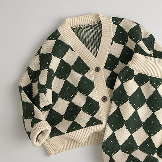 Suéteres de punto para niños, conjuntos de cárdigan con cuello en V y estampado a cuadros, abrigo y pantalones, ropa de primavera para niños y niñas, 2 uds.