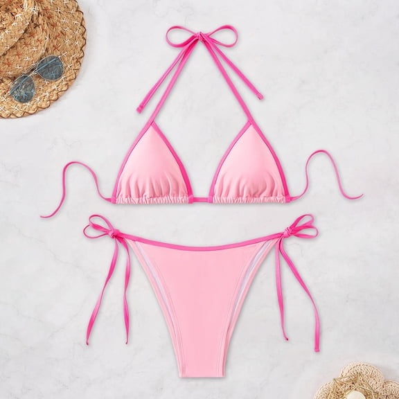 HOWPAY Swimsuit for Women Triangle Sporty Halter Top Self Tie Spaghetti Straps High Waist Bathing Suit Beach Pool 2 Piece Swimwear Light Pink L