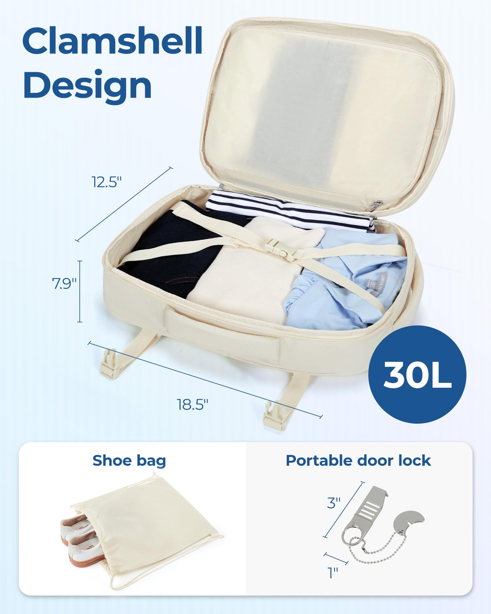 BAGSMART Travel Backpack, 30L Flight Approved Carry on Backpack with Door Lock, 17.3 Inch TSA Personal Item Backpack with Shoe Bag,Suitcase for Travel, Cream