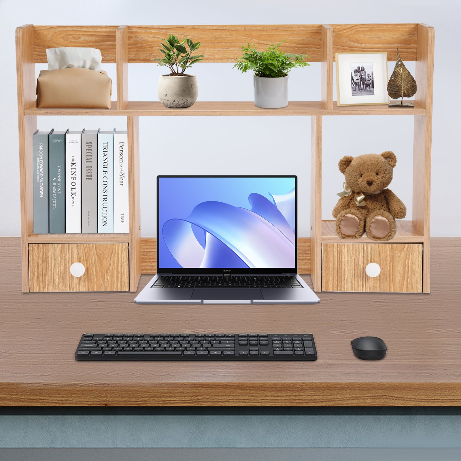 Modern Desktop Storage Organizer Home Office Desktop Bookshelf Holder Computer Rack Desk Organizer for Space Saving (Rubberwood Color)