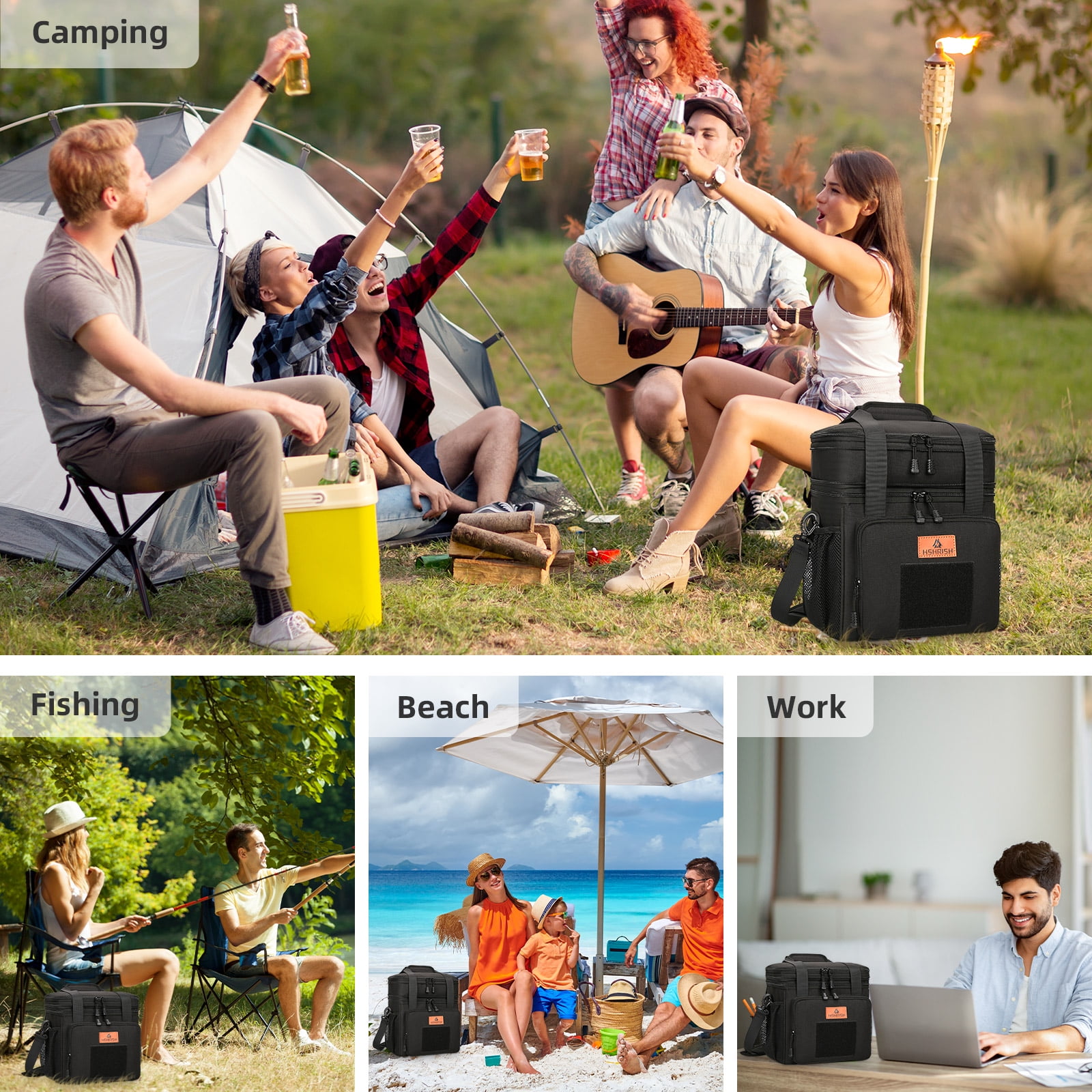 Holuxer Large Insulated Lunch Box for Men/Adults, Expandable Double-Deck Lunch Bag Durable with Shoulder Strap, Soft Leakproof Cooler Bags for Work Outdoor Picnic Trips, 20 Can/16 L, Black, Mesh