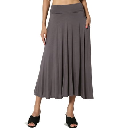 TheMogan Women's S~XL Fold Over Low to High Waist Pocket A-Line Mid Calf Long Skirt