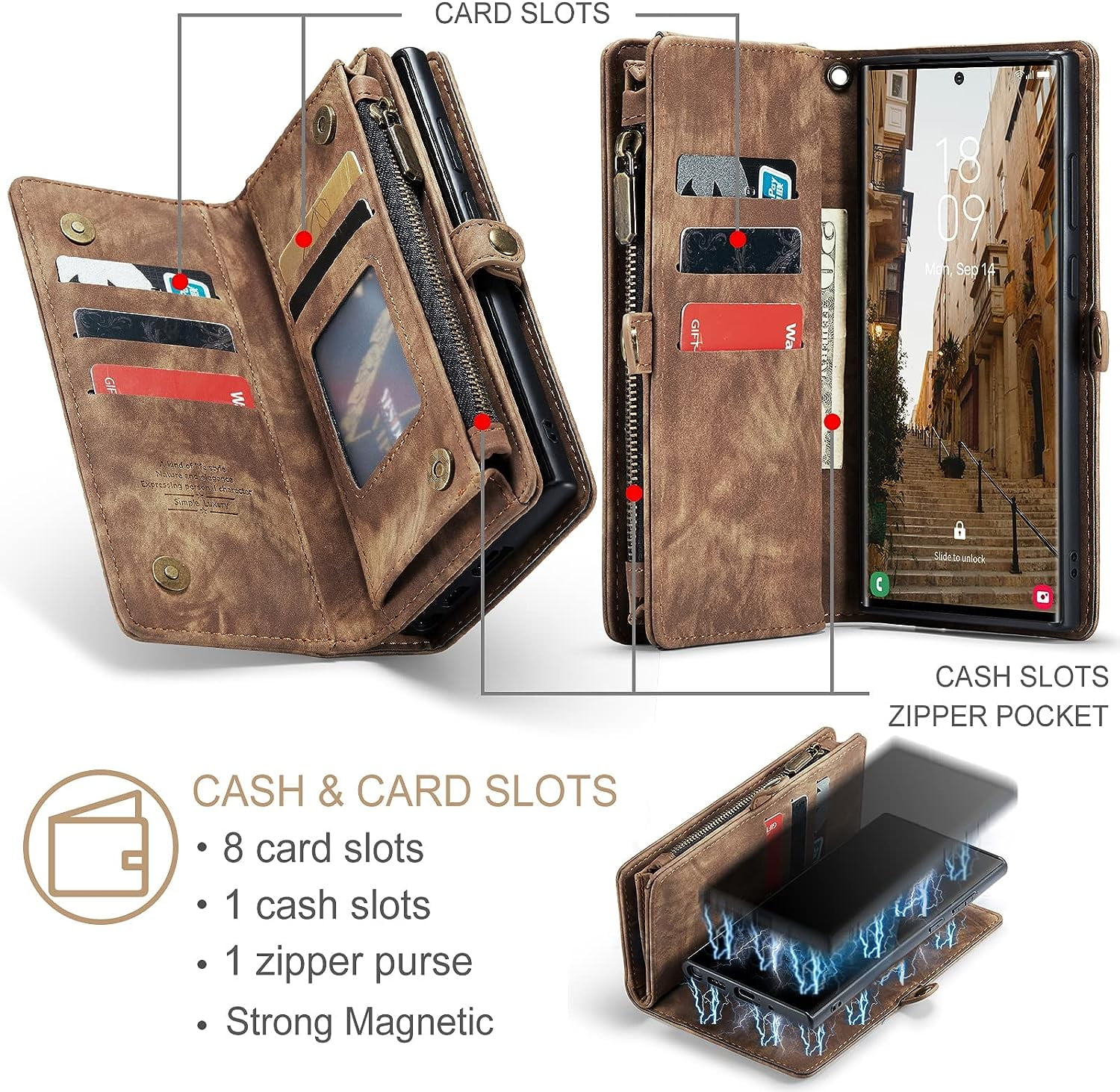 Phone Case for Samsung Galaxy S23 Ultra 5G Zipper Wallet Detachable Cover with Leather Flip Credit Cash Card Holder Mobile Cell Accessories S23Ultra 23S S 23 23Ultra 6.8 inch Women Men Brown