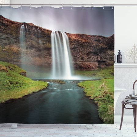 Iceland Shower Curtain, Vertical Shot of Flowing Waterfall with Gloomy Sky, Fabric Bathroom Set with Hooks, 69W X 84L Inches Extra Long, Umber White, by Ambesonne