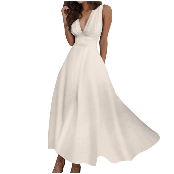 Vestido largo sin mangas con cuello en V y cremallera lateral para mujer, primavera-verano - Poliéster plisado, ideal para el trabajo y las salidas nocturnas