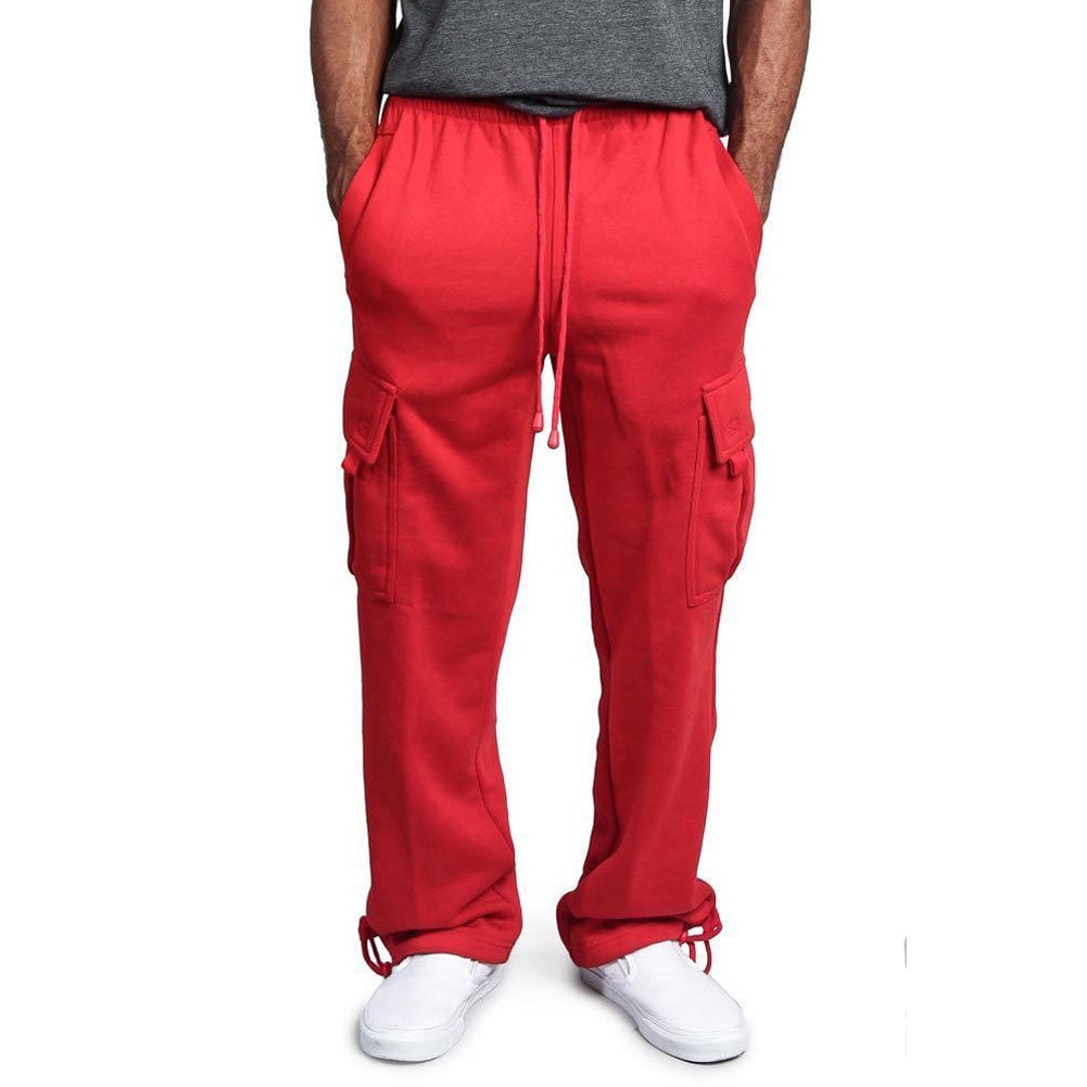 Gupgi Mens Urban Straight Leg Jogger Heavy Weight Fleece Cargo Pocket Sweat Pants Red
