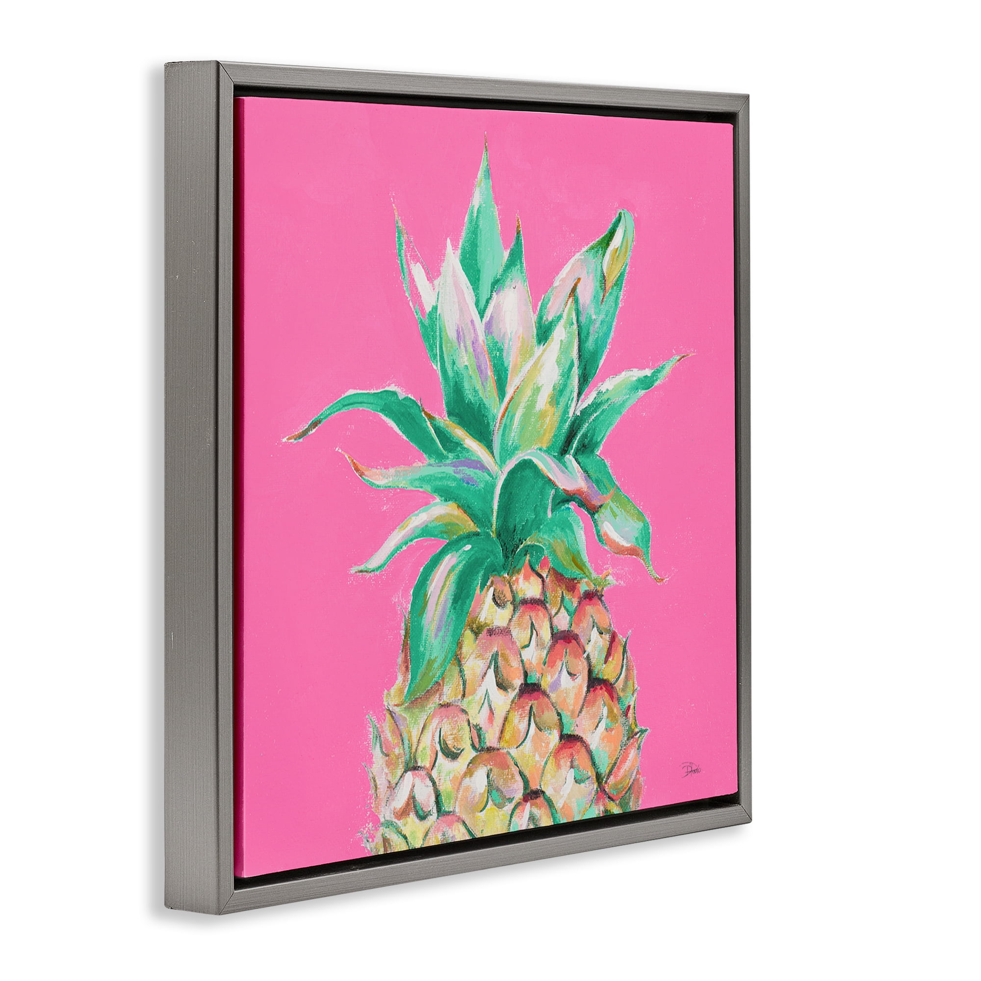 Stupell Industries Pineapple on Pink Food & Beverage Painting Gray Floater Framed Canvas Art Print Wall Art, 18 x 18