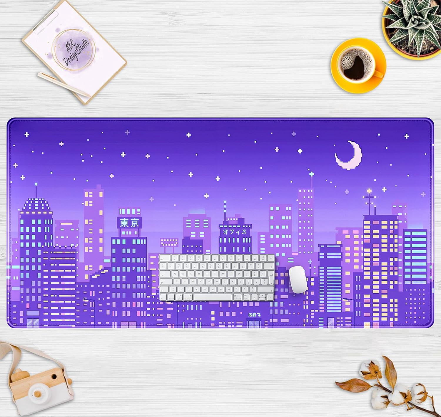 Purple Anime Tokyo City Mousepad Retro Neon Pixel XXL Deskmat, Gaming Anime Cool Kawaii Large Mouse Pad, 31.5x15.75 Inch, Perfect for Girl Gamers