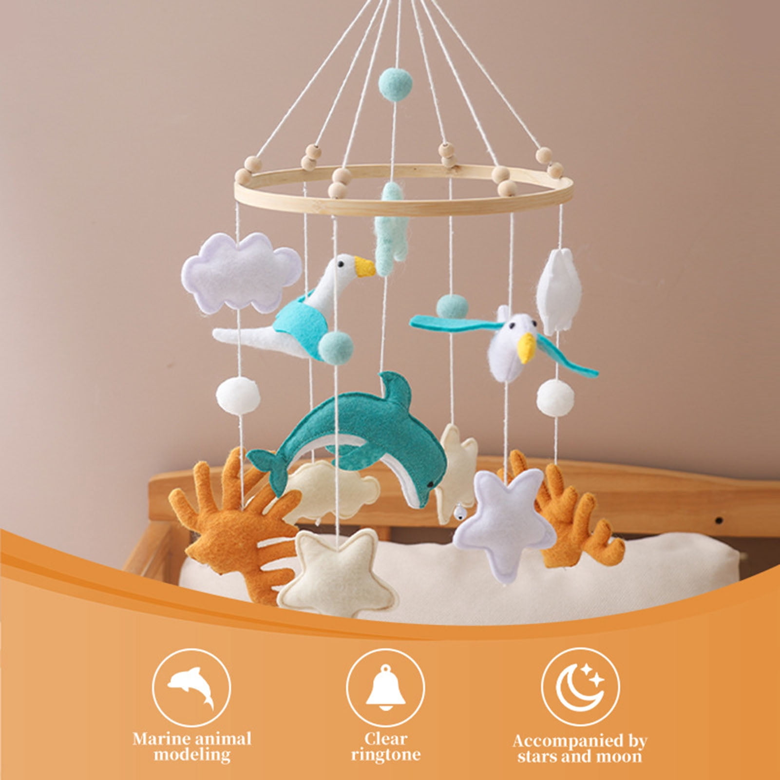 YIFAEUX Seagull Baby Crib Mobile Ocean-Themed Handmade Felt Hanging Decor Soft Stroller Hanging Toy for Newborns