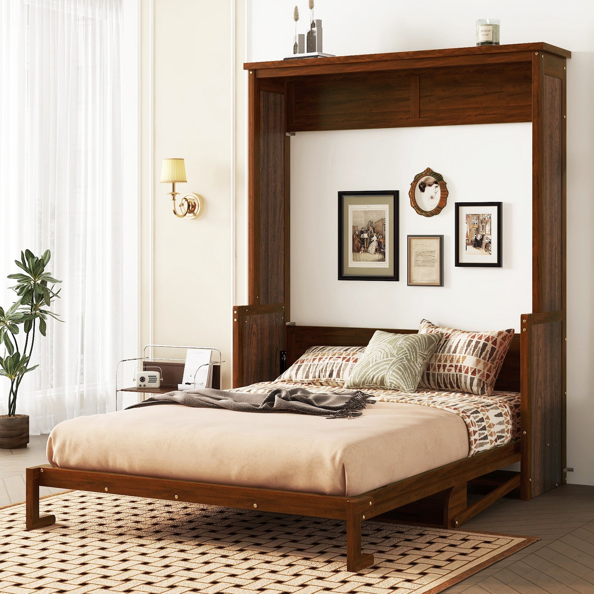 Mintazer Queen Size Murphy Bed with Shelf, Foldable Wall Cabinet Bed for Living Room Bedroom Apartment, Walnut