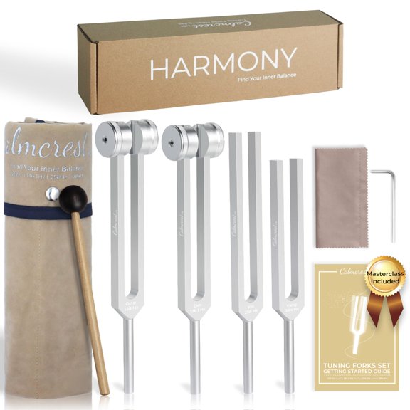 Set de horquillas de afinación CALMCREST (128 Hz, 136,1 Hz, 256 Hz, 384 Hz) con mazo