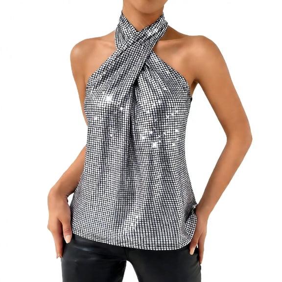 STETMN Women's Metallic Tank Top Glitter Party Club Camisole V Neck Loose Sleeveless Tee