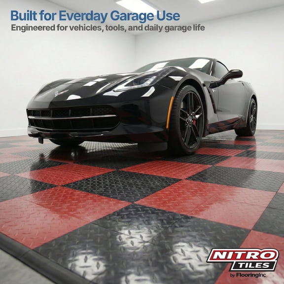 FlooringInc Nitro Garage Floor Tiles, Diamond Pattern, Interlocking, Black, 12"x12", 1 pack, 1 sq/ft