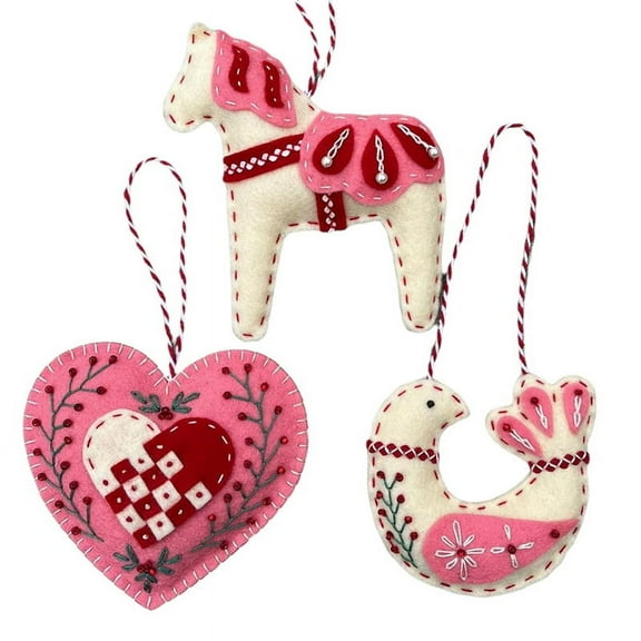 Felt Crafts Embroidery Horse Bird Heart Set Scandinavian Folk Handmade Decorations Pink
