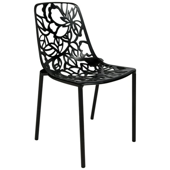 LeisureMod Stackable Dining Chair in Aluminum with Stackable and Floral Cutout Design Indoor Outdoor Use No Assembly for Modern Home, Kitchen, Patio Devon Collection in Black