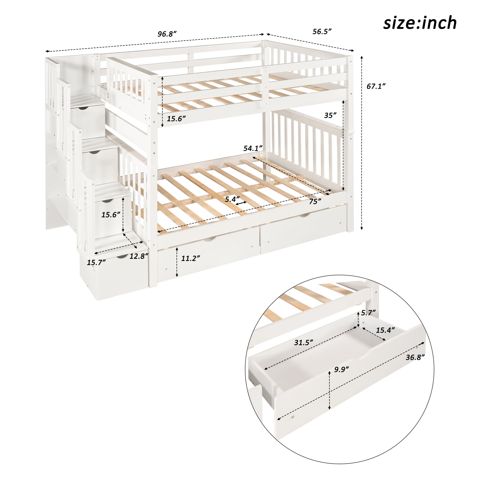Kepooman Full Over Full Modern Wooden Bunk Bed with Shelves & 6 Storage Drawers, 96.8" * 56.7" * 67", White Kepooman Full Over Full Modern Wooden Bunk Bed with Shelves & 6 Storage Drawers, 96.8" * 56.7" * 67", White