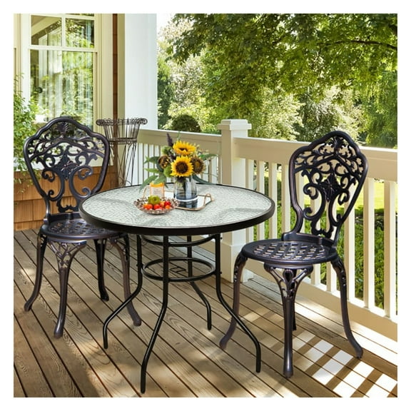 32 Inch Patio Tempered Glass Steel Frame Round Table with Convenient Umbrella Hole
