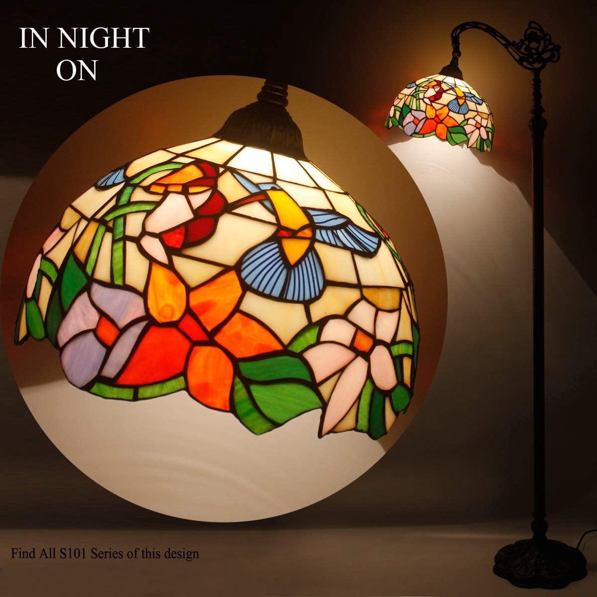 Tiffany Floor Lamp LED 64" Tall Industrial Pole Vintage Boho Hummingbird Stained Glass Standing Corner Bright Reading Light Arched Gooseneck Adjustable Living Room Kids Bedroom Farmhouse