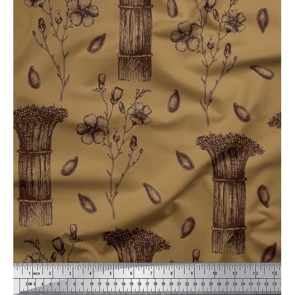 Soimoi Brown Cotton Duck Fabric Seeds,Herbs & Flower Print Fabric by the Yard 42 Inch Wide