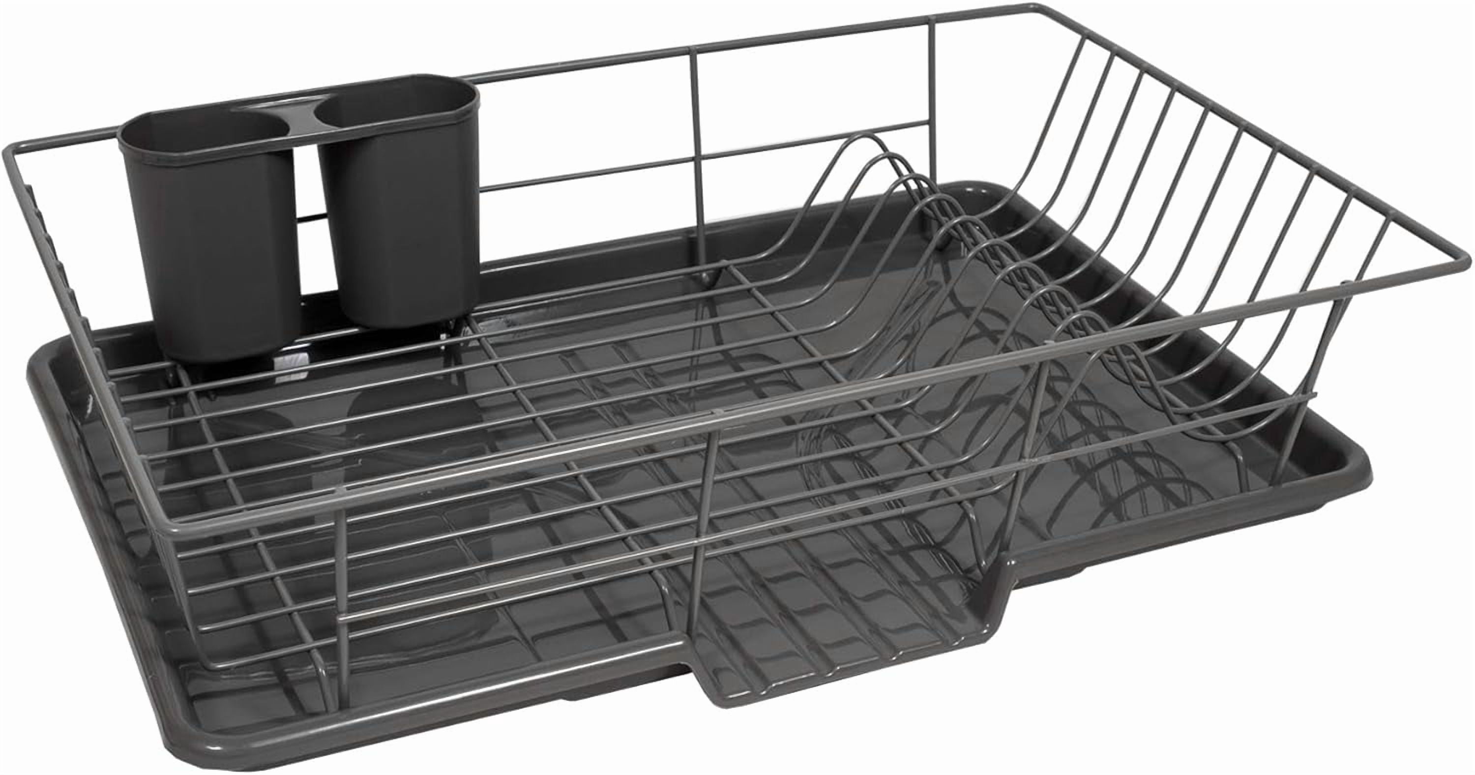 Metal, Plasic 3 Piece Dish Drainer Rack Set with Drying Board and Utensil Holder, 17" x 12" x 5", Beige