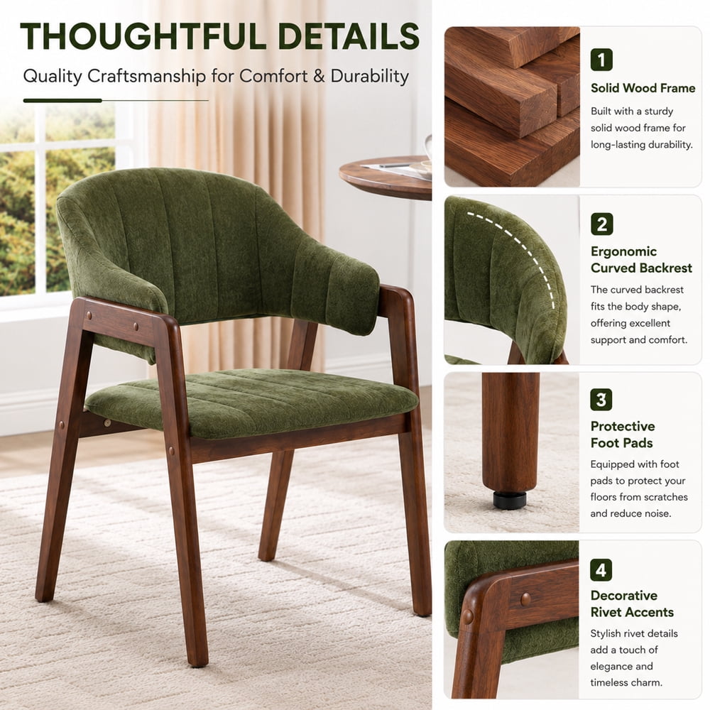 MOONMISS Mid-Century Modern Upholstered Dining Chair with Curved Back and Wooden Frame, Fabric Armchair for Dining Room Kitchen Living Room